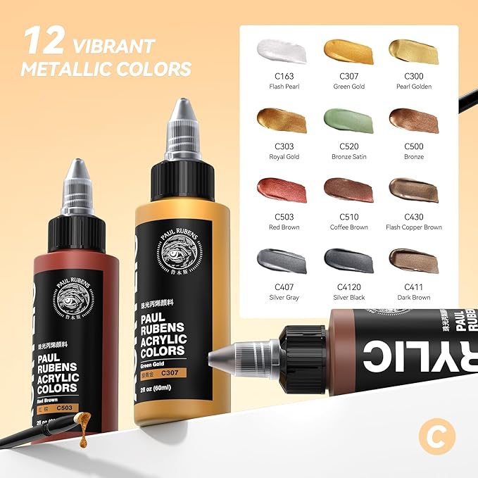Paul Rubens Acrylic Paint, 12 Colors Metallic Acrylic Paint Set C, 2oz/60ml Bottles, Rich Pigments, Strong Coverage Acrylic Paints For Adults, Artists, Beginners On Canvas Rocks Wood Ceramic Fabric