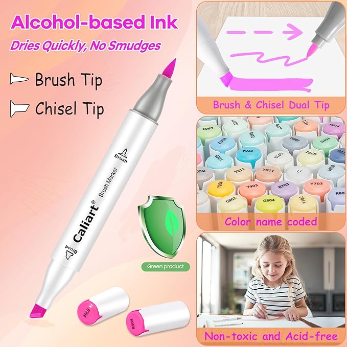 Caliart Alcohol Markers Brush Tip, 51 Colors Dual Tip Artists Coloring Markers Set Brush & Chisel, Permanent Alcohol Based Colored Sketch Pens, Art Supplies Gifts for Adults Drawing Illustration