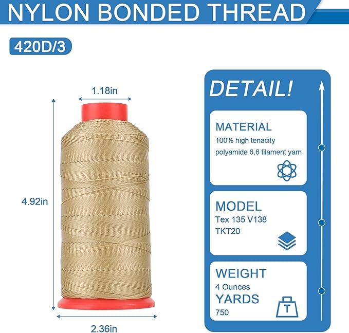 Heavy Duty Bonded Nylon 66 Sewing Thread 420D/3 T135#138 750 Yards for Canvas Furniture Upholstery Leather Goods Leather Footwear Outdoors(567, 420D/3)