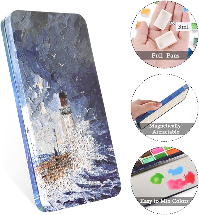 Portable Watercolor Paint Palette with Tins, Lightweight Empty Full Pans with Magnetic Squares, Metal Paint Tray Palettes for Travel, Acrylics Painting and Art, 20Full Pans,Lighthouse