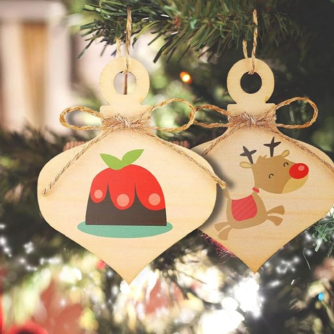50 Pcs Wooden Ornaments, BetterJonny 3.15 * 2.56in Unfinished Natural Wood Slices with Holes Blank Wood Discs with 50pcs Jute Rope for DIY Christmas Decoration