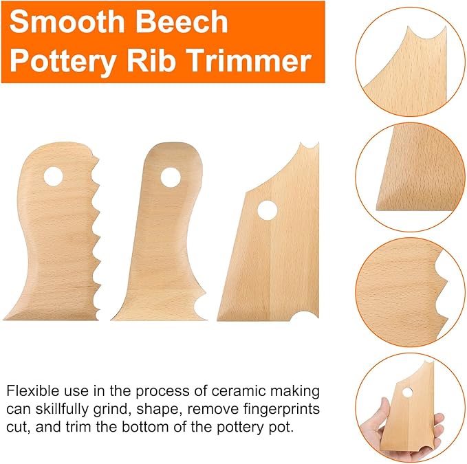HARFINGTON 2pcs Pottery Ribs Trimming Tools Pottery Profile Rib Wooden Foot Shaper Foot Wave Curved Shaper Texture Rib Beech Wood for Carving Ceramics Clay