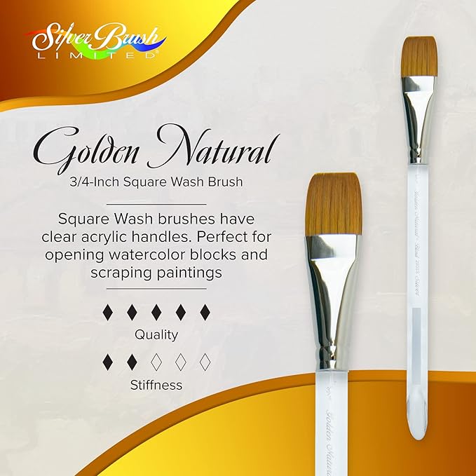 Silver Brush Limited 2008S-3/4 Golden Natural Square Wash Paintbrush for Oil, Acrylic, Watercolor, Gouache, Inks, & Dyes, Size 3/4 Inch, Short Handle