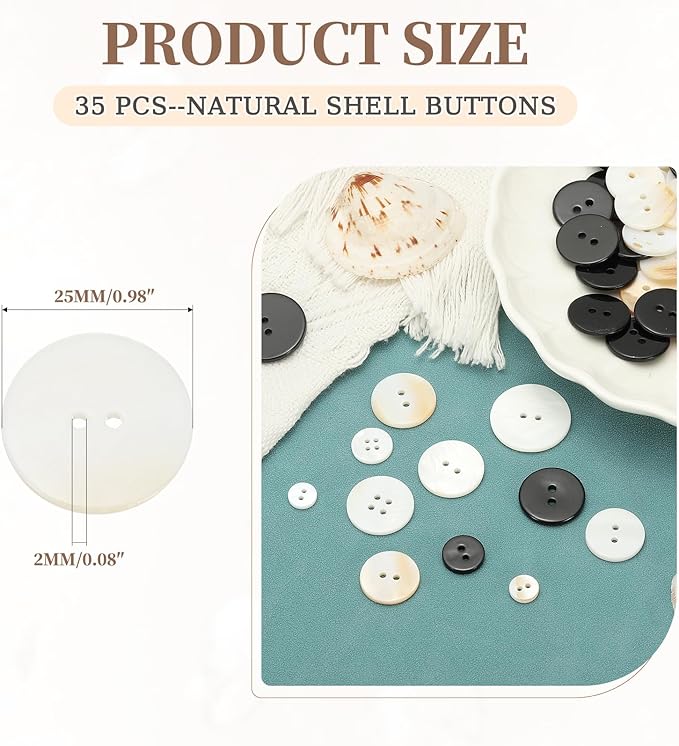 uxcell 35Pcs Natural Shell Button, 2 Hole 25mm Round Mother of Pearl Buttons for Shirt Coats Suits Jacket Jeans Skirts DIY Sewing Crafts, White