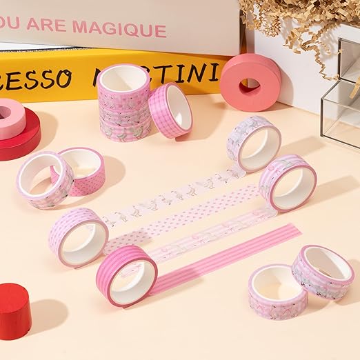Laffact Pink Goose Washi Tapes - 12Rolls Pink Watercolor Coquette Bow Silly Goose Plaid Decoration Tape Set, Wrapping Paper Tape for Scrapbook Journal DIY Art Craft for Baby Shower Party Birthday Gift