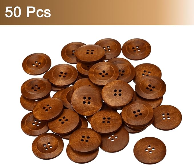 uxcell 50Pcs Wooden Buttons, 35mm(1 3/8") 4 Hole Round Wood Sewing Button Craft for Sewing DIY Craft Clothing, Coffee
