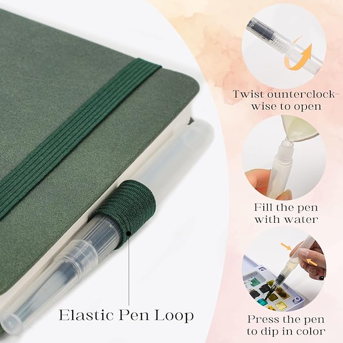 Remowith Leather Cover Watercolor Sketchbook, 9"x5.5" Journal, 300gsm Cold Press Cotton Paper (24 Sheets/48 Pages), Perfect Watercolor Journal for Markers, Pastels, Turquoise
