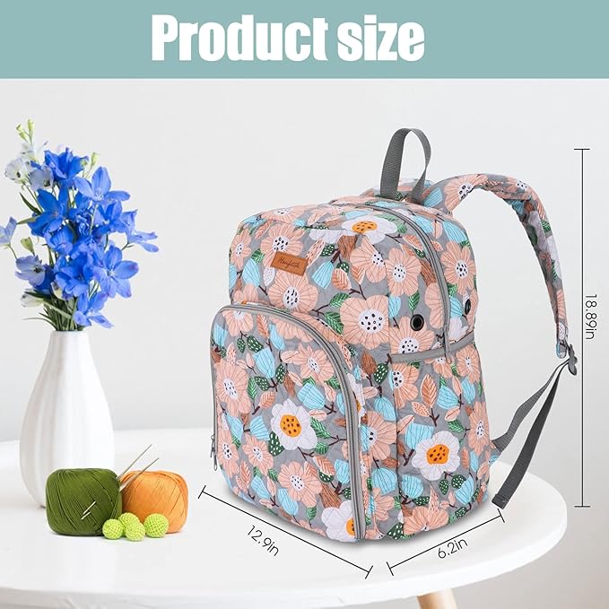 Yarn Storage Organizer Knitting Bag Backpack - Large Size with Grommets, Portable for Yarn Skeins, Crochet Hooks, Knitting Needles and Other Accessories (Flower-Grey)