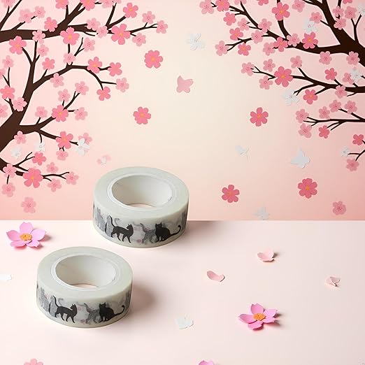 2Pcs Black Cat Kawaii Washi Decoration Cat and Masking Tape - 1.5cm*10m for DIY Scrapbooking, Crafts and Planners
