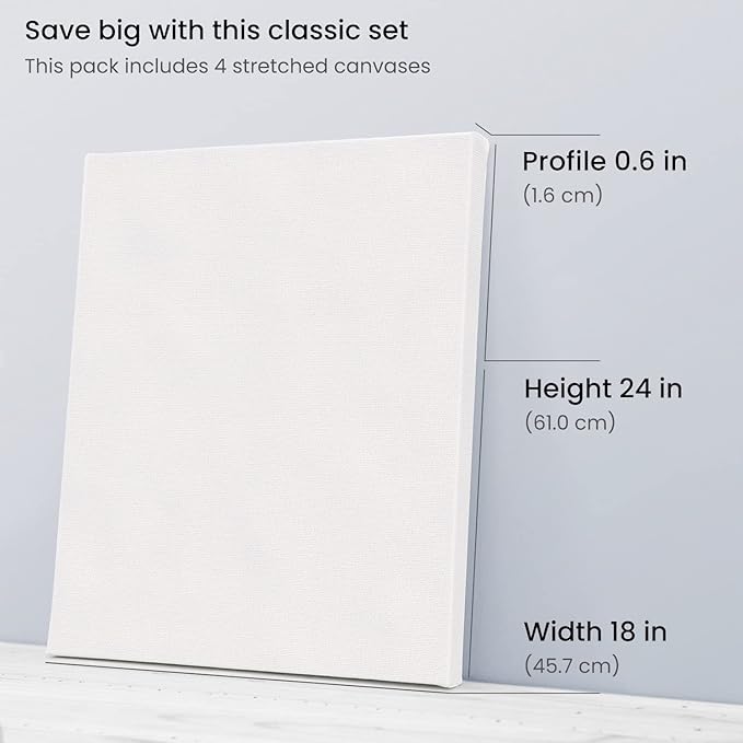 ARTEZA Stretched Canvas, 18 x 24 Inches, Pack of 4, Blank White Large Canvas for Painting for Acrylic, Oil and Gouache Paints