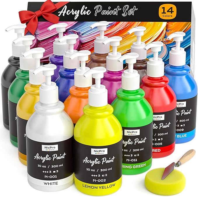 Nicpro 14 Colors Acrylic Paint Set (10oz/300ml), Large Bulk Acrylic Paints kits Rich Pigment Art Painting Supplies for Artists, Beginners, Adults on Rock Crafts Canvas, Wood, Ceramic with Pump