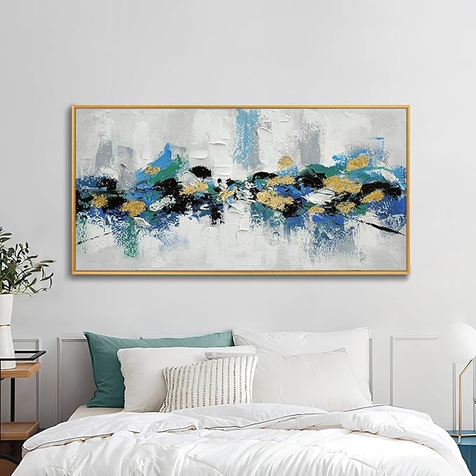 Large 100% Hand Painted Oil Painting 3D Texture Framed Canvas Wall Art White Black Blue Green Home Decor Abstract Gold Leaf Wall Painting for Living Room Bedroom Office 60x30in