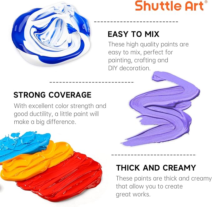 Shuttle Art Acrylic Paint Set, 36 Colors Acrylic Paint with Brushes & Palette, 2oz/60ml Bottles, Rich Pigments Non-toxic for Artists Kids & Adults, Painting on Canvas Rocks Ceramic Wood