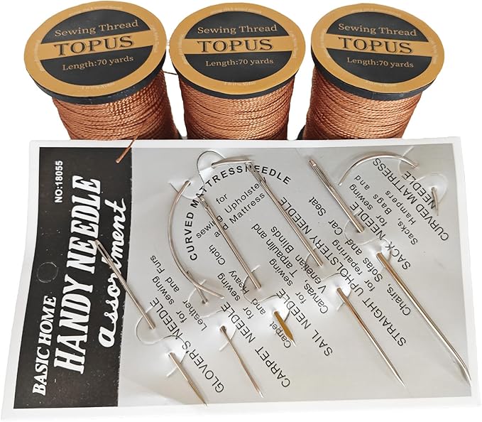 Topus Extra Strong Upholstery Repair Sewing Thread Kit and Heavy Duty Household Hand Needles, Including 7 Styles of Leather Canvas Sewing Needles and 3 Rolls Nylon Thread (70 Yard of Each Roll), Brown
