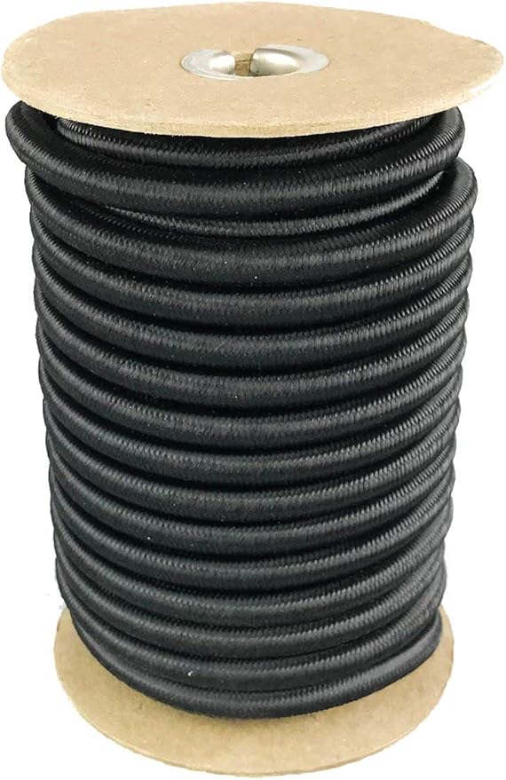 Elastic Bungee Cord. 3/16", 3/8", 1/4", 5/16", 1/8". 50 and 100 Foot Spools. Weather and Abrasion Resistant. Used for Tie Downs, Crafting, DIY Projects. Black Shock Cord. Made in the USA