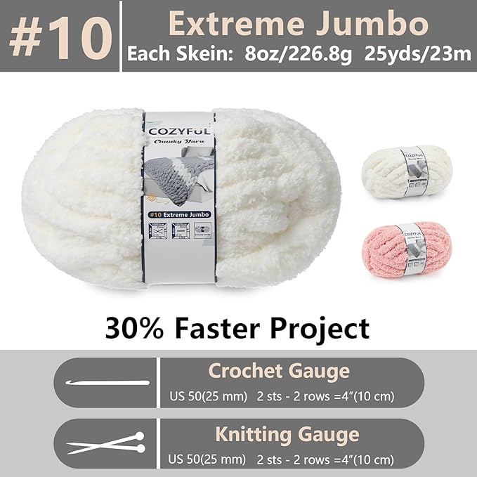 Chunky Yarn for Hand Knitting - #10 Chunky Chenille Yarn, Jumbo Big Thick Chunky Yarns for Crocheting, Super Bulky Chunky Knit Blanket Yarns, 8 Skein (25yd, 8oz/Skein), Cream & Pink