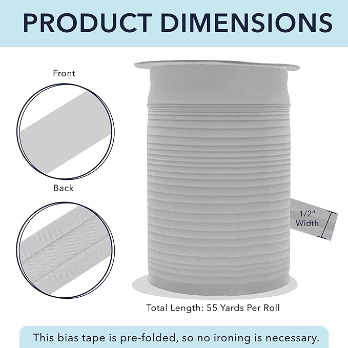Mandala Crafts 1/2 Inch Single Fold Bias Tape for Sewing, Quilting, Piping, Hemming, Blanket & Quilt Binding – 55 Yards Gray Fabric Seam Binding Tape