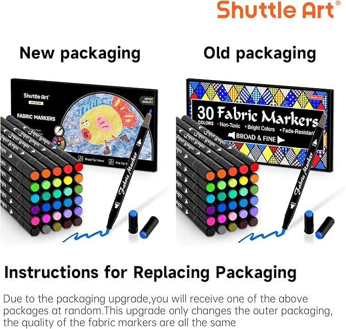 Shuttle Art Fabric Markers Pens, 30 Colors Dual Tip Fabric Marker Permanent No Bleed Markers for T-Shirts Sneakers, Non-Toxic & Child Safe Permanent Fabric Pens for Kids Adult Painting Writing