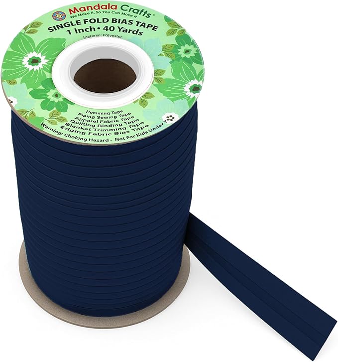 Mandala Crafts 1 Inch Single Fold Bias Tape for Sewing, Quilting, Piping, Hemming, Blanket & Quilt Binding – 40 Yards Navy Blue Fabric Seam Binding Tape
