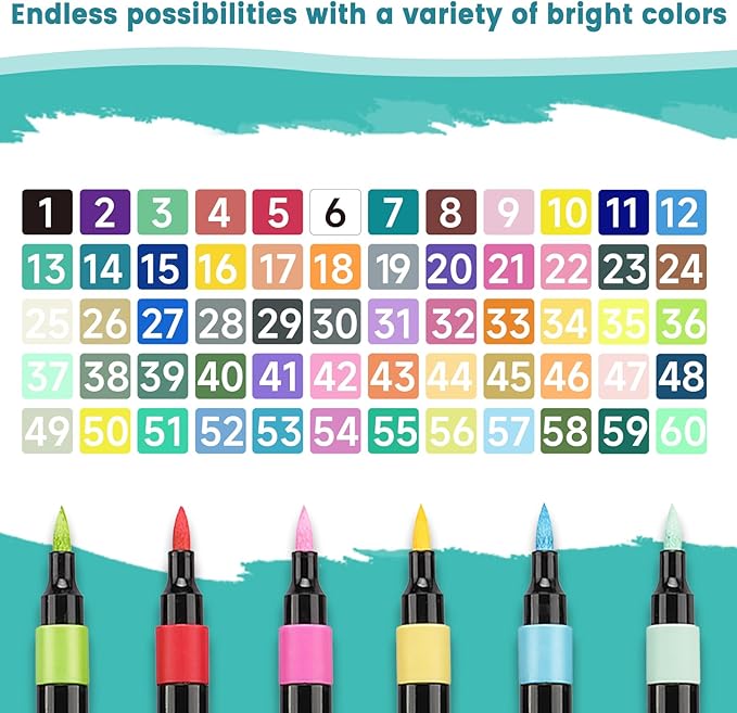 60 Colors Acrylic Markers Set,Brush Tip Acrylic Paint Pens for Painting on Rocks, Canvas, Ceramic, Wood, Glass - Perfect for Artists and Adults - DIY Crafts, Holiday Decorations & Art Supplies