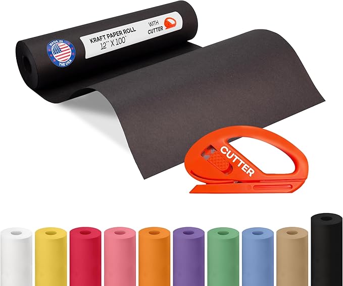Black Kraft Paper Roll 12" x 1200" (100 feet) with Cutter - USA-Made Wrapping Paper for Packing, Moving, Shipping & Crafts/Arts - 100% Recyclable Natural Craft Material by IDL Packaging