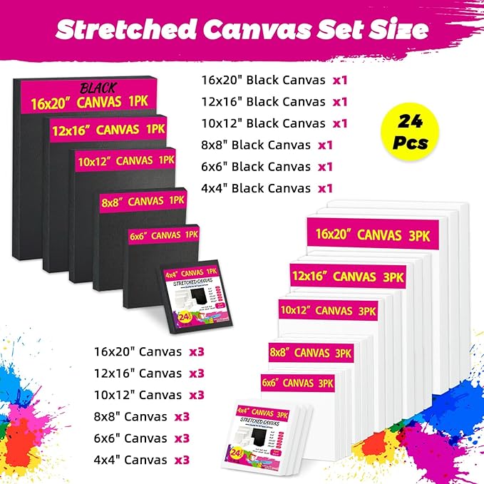 24-Pack Stretched Canvas for Painting, 6 Sizes 4"x4" to 16"x20" Canvas, 12 oz Double Primed 100% Cotton Black Canvas, Reinforced Wood Frame, Perfect for Oil, Acrylic & Mixed Media Artists
