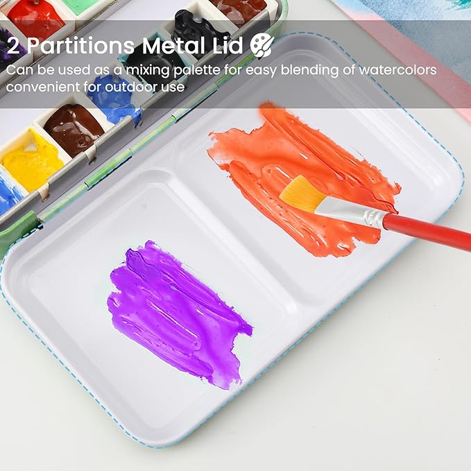 Empty Watercolor Palette with Paint Tray and 14PCS Empty Watercolor Half Pans - Sturdy Empty Watercolor Palette Tin - Watercolor Travel Palette Empty