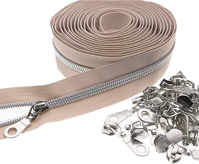 #5 Silver Metallic Nylon Coil Zipper by The Yard, Bulk 10 Yards Beige Zipper Tape Silver Teeth with 25PCS Silver Zippers Pulls for Sewing, Bags, Purses YIGUANXIN