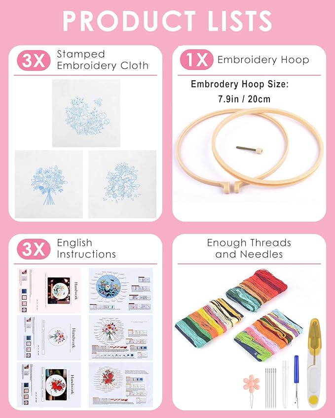 TINDTOP Embroidery Kit for Adult Beginners, Flowers Embroidery Kit for Beginners Include Embroidery Cloth Hoops Threads for Craft Lover Hand Stitch with Embroidery Skill Techniques