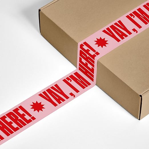 Cool Decorative Packing Tape for Small Business, Cute Designer Printed Packaging and Shipping Tape, Yay I'm Here!, Pink Red, 1.88" x 110 Yards (330 feet)