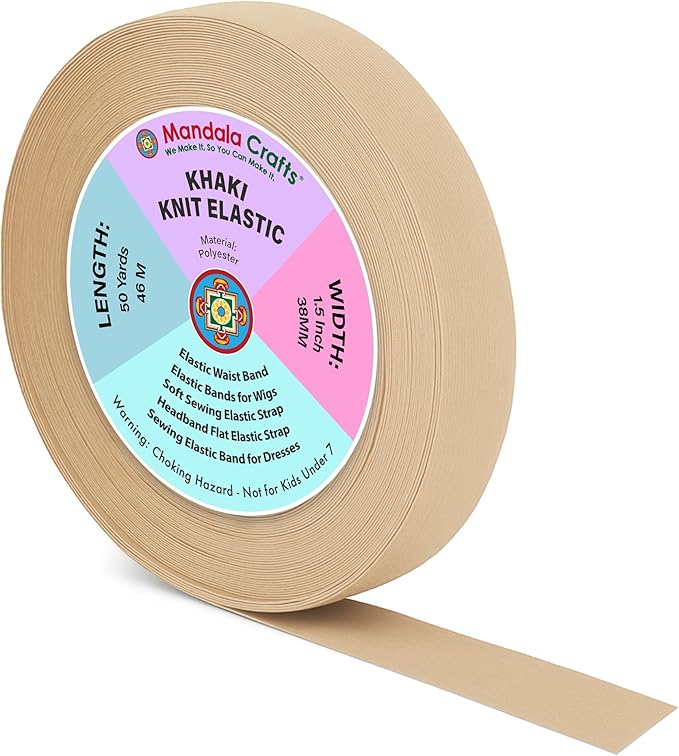 Mandala Crafts Wide 1.5 Inch Khaki Elastic Bands Spool for Pants Waistbands Sewing and DIY Crafts, 50 YD Stretchy Flat Fabric Strap Knit Elastic Band for Wig