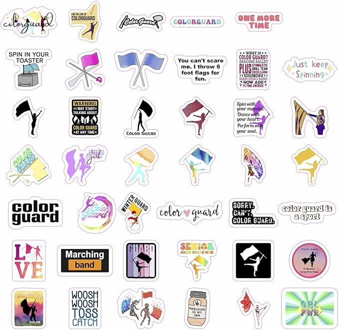 BulbaCraft 100Pcs Color Guard Stickers for Water Bottle and Laptop - Color Guard Party Supplies & Decorations, Waterproof Vinyl Decals, Marching Band and Flag Stickers, Gifts for Women & Men