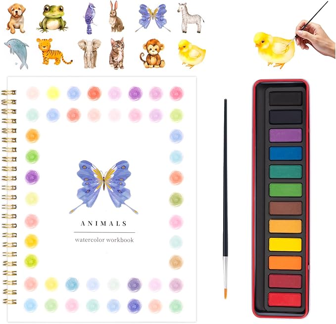 Kivzex Watercolor Workbook for Adults, Beginner Friendly Watercolor Painting Kit Animals Water Coloring Book, Nature-Themed Practice Art Gift Water Color Paint Book with Palette and Brush