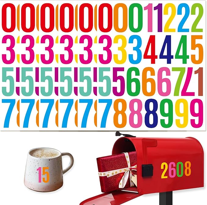 6 Sheets 2 Inch Mailbox Numbers Stickers Vinyl Decals,Self Adhesive Number Waterproof House Address Numbers for Outside Mailbox,Signs,Window,DIY Crafts Making,Door,Car,Home,Business(Multicolor)