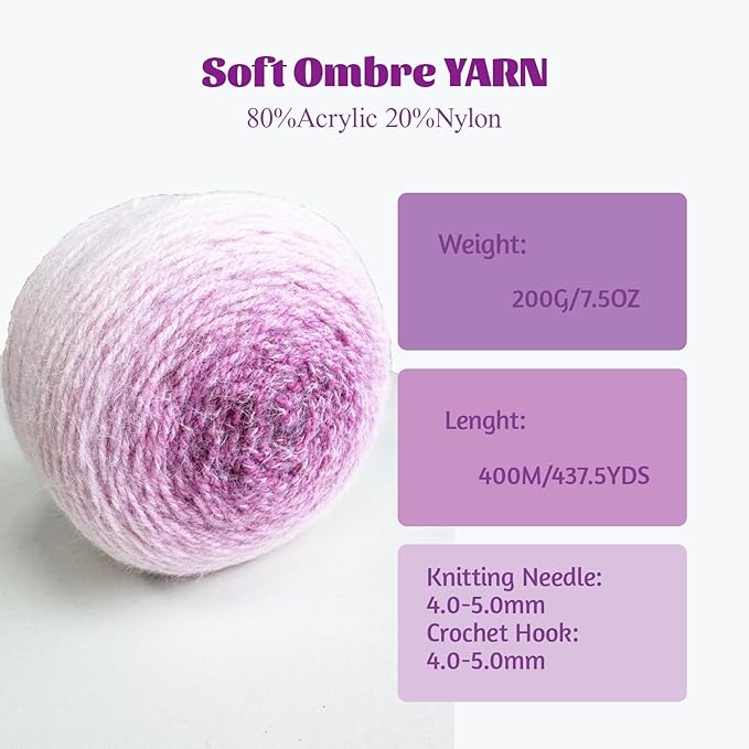 MSD&FT Ombre Yarn, 80% Acrylic 20% Nylon Blend, Pink Gradient, 4-Pack (Purple Wine)