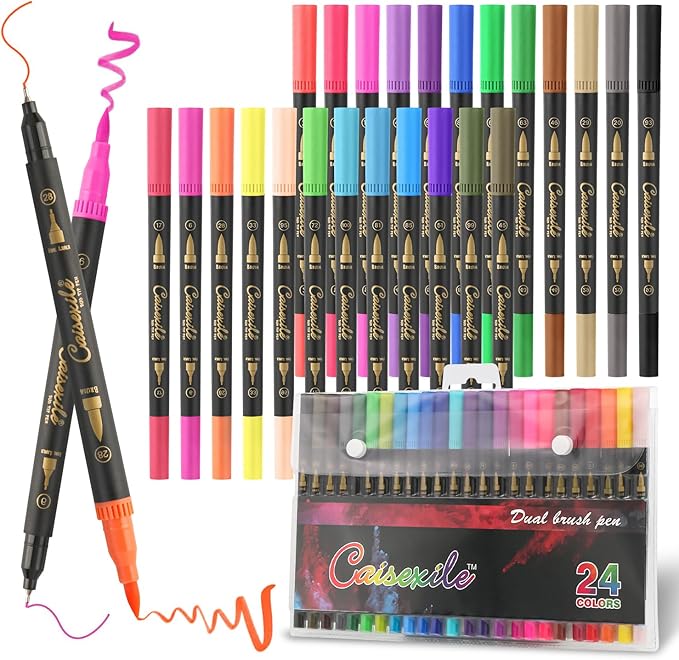 24 Colors Duo Tip Pen Art Markers, Artist Fine & Brush Tip Marker Coloring Markers for Adult Coloring Books Journaling Note Taking Lettering Calligraphy Drawing Pens Supplies