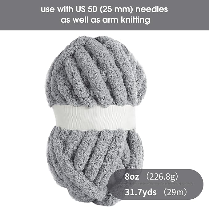 HOMBYS 8 Pack Assorted Chunky Yarn for Crocheting,Super Bulky Large Soft Fluffy Yarn,Plush Fuzzy Yarn,Thick Chenille Yarn for Hand Knitting/Arm Knitting,4 White & 4 Light Grey(27yds,8 oz Each Skein)