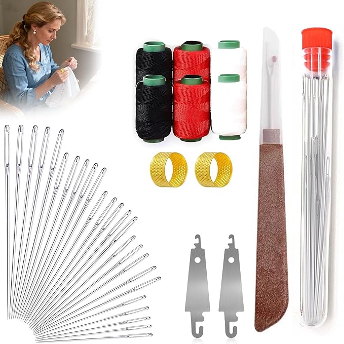 37Pcs Steel Needles for Fand Sewing Kit, Big Eye Steel Sewing Needles Kit, Stainless Steel Needles for Hand Sewing Kit with Thread Ripper, Needle Threaders, Threads and Thimbles