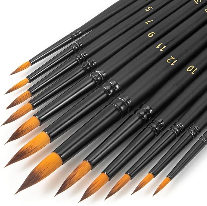 Watercolor Brushes Professional Set，12pcs Artist Watercolor Paint Brushes，Round Painting Brush for Watercolor, Acrylics, Ink, Gouache(Black)