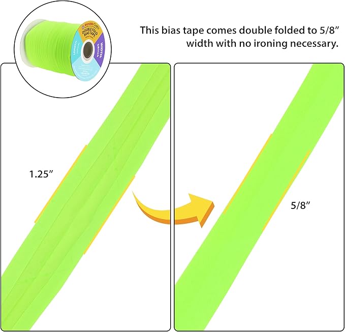 Mandala Crafts 55 Yards 5/8 Inch Lime Green Double Fold Bias Tape for Sewing - Bias Binding Tape for Quilting Binding, Hemming, Seam, and Fabric Piping