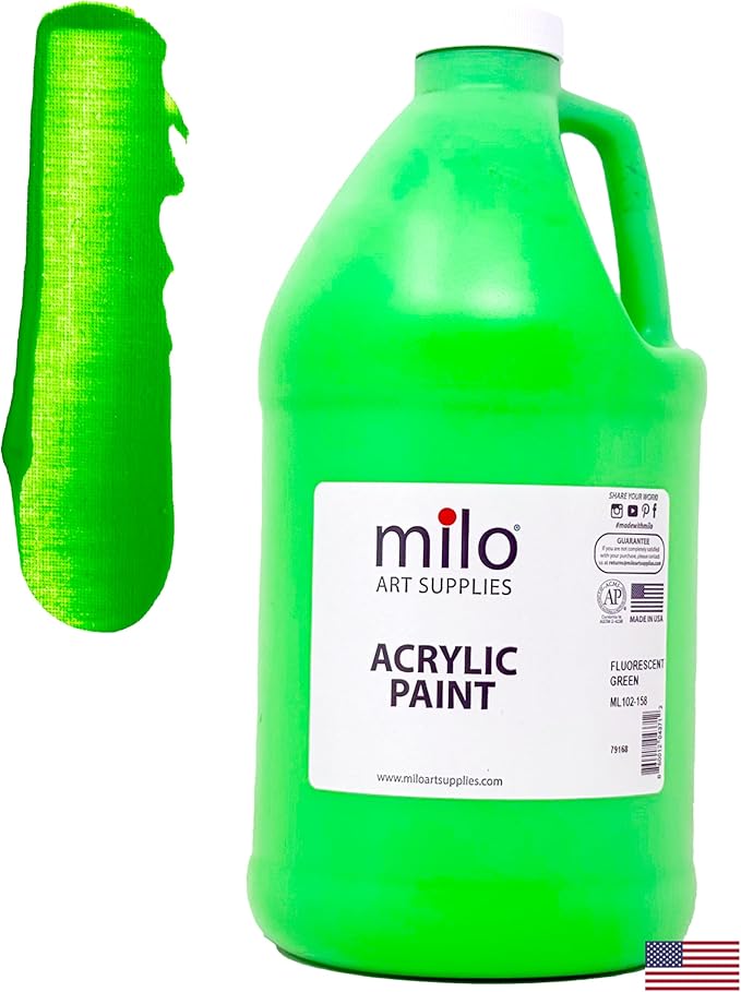 milo Fluorescent Green Neon Acrylic Paint | 64 oz Bottle Half Gallon | Glows UV in Black Light | Non-Toxic Made in USA | Bulk Art Paint for Party, Student, Classroom, Artist