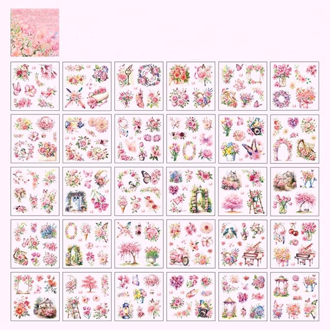 MAFELOE 30 Pages PET Scrapbook Stickers of Creative Flowers Theme, Aesthetic Deco Journaling Supplies for Junk Bullet Diary Album Calendars-Pink (Y3-P-WSSL)