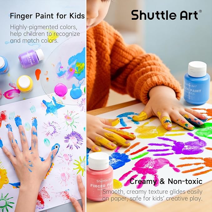 Shuttle Art Washable Finger Paint Set, 15 Colors (2 fl oz) Toddler Paint, Non-Toxic Finger Painting for Toddlers, Kids Arts and Crafts