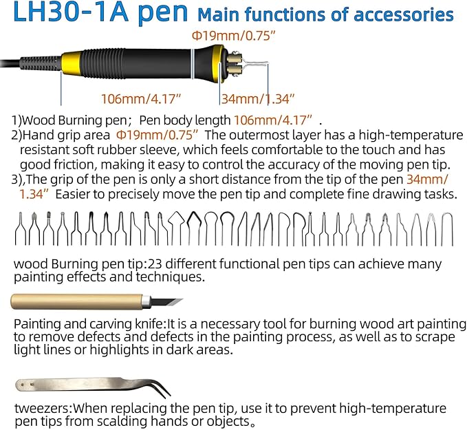 LH30-1 wood burning tool,wood burning kit pen 25~750℃,professional wood burning kit,with digital thermometer temperature adjustable temperature,1 wood burning pens, 30 pen tips(LH30-1A pen)