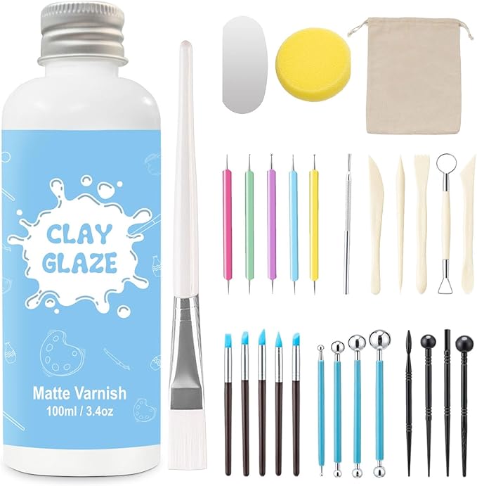 EIGTWEN 100ml Air Dry Clay Glaze and 29pcs Clay tools kit, Matte Clay Varnish Protects Clay from Surface Wear, Pottery Tools Can be Used for Stippling, Carving, Molding, and Shaping Clay Crafts(Matte)