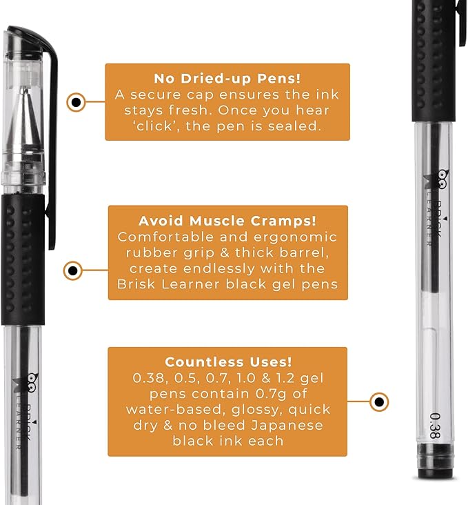 5 Black Drawing Gel Pens - 5 Tip Sizes - 0.38, 0.5, 0.7, 1.0, 1.2mm for Artists - Extra Fine, Fine, Medium, Bold, Super Bold - Japanese Ink for Art, Drawing, Writing, Journaling