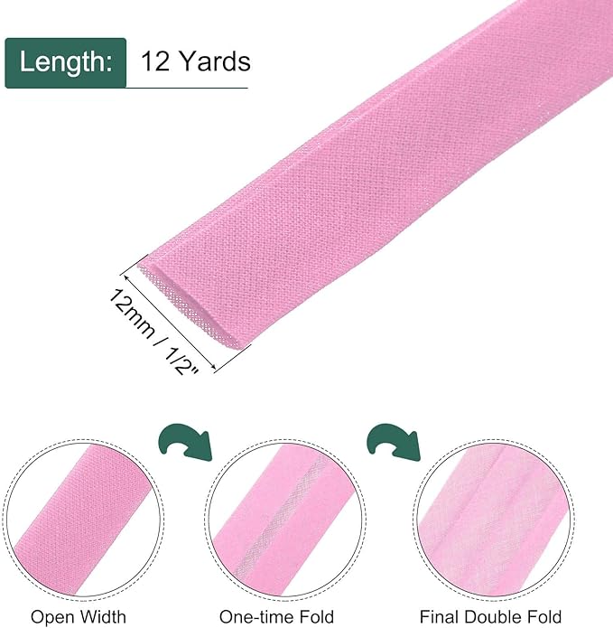 MECCANIXITY 1/2 Inch Double Fold Bias Tape Continuous Bulk Cotton Bias Tape for Sewing Seaming Quilting Hemming Binding Crafts (Pink 12 Yards)