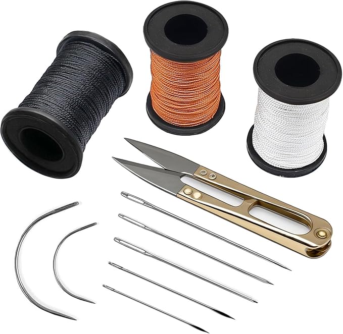 Fbshicung Upholstery Repair Sewing Thread Kit and Heavy Duty Household Hand Needles, Including 7 Styles of Leather Canvas Sewing Needles,Scissors and 3 Rolls Nylon Thread (60Yard Per Roll)