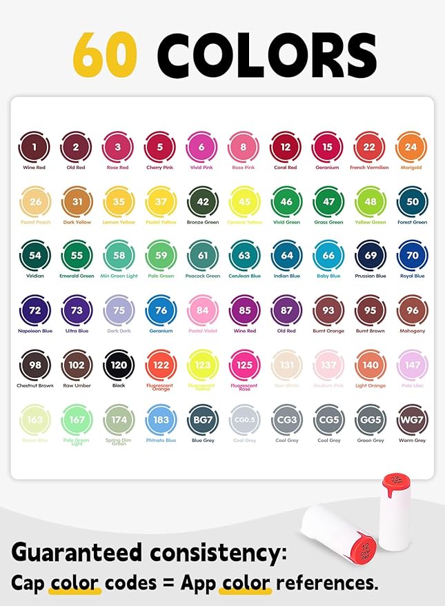 YHC 60 Alcohol Brush Marker with Free App, Chen Rui Dual Tips Art Markers for Adults and Kids, Alcohol Based Brush & Chisel Tips Markers for Drawing, Coloring, Painting, Sketching