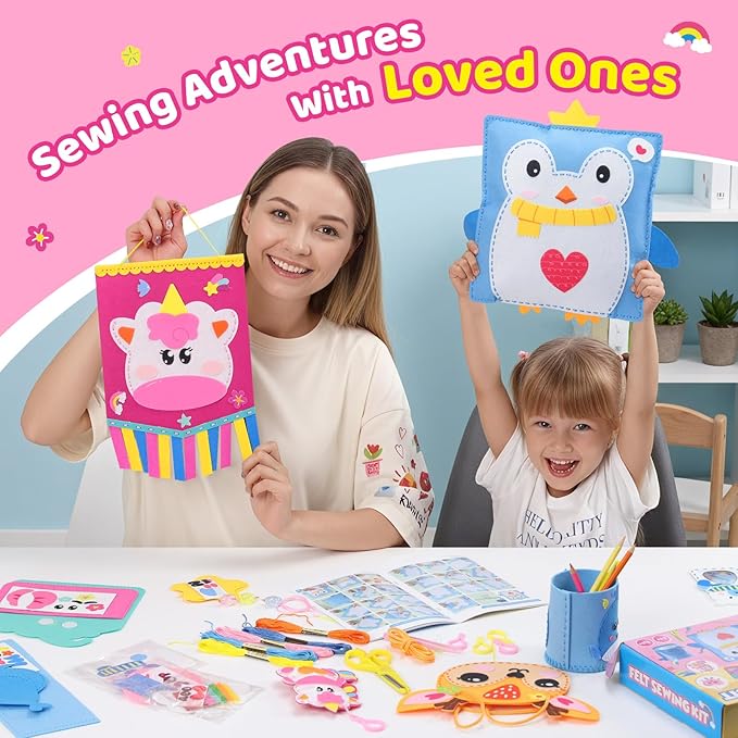 Funtopia Felt Sewing Crafts for Kids Ages 4-12, 10 Easy DIY Projects Kids Sewing Kit with Tutorial, Learn to Sew Plush Pillow Hanging Organizer Handbag, Beginner Sew Toys and Birthday Gift for Girls